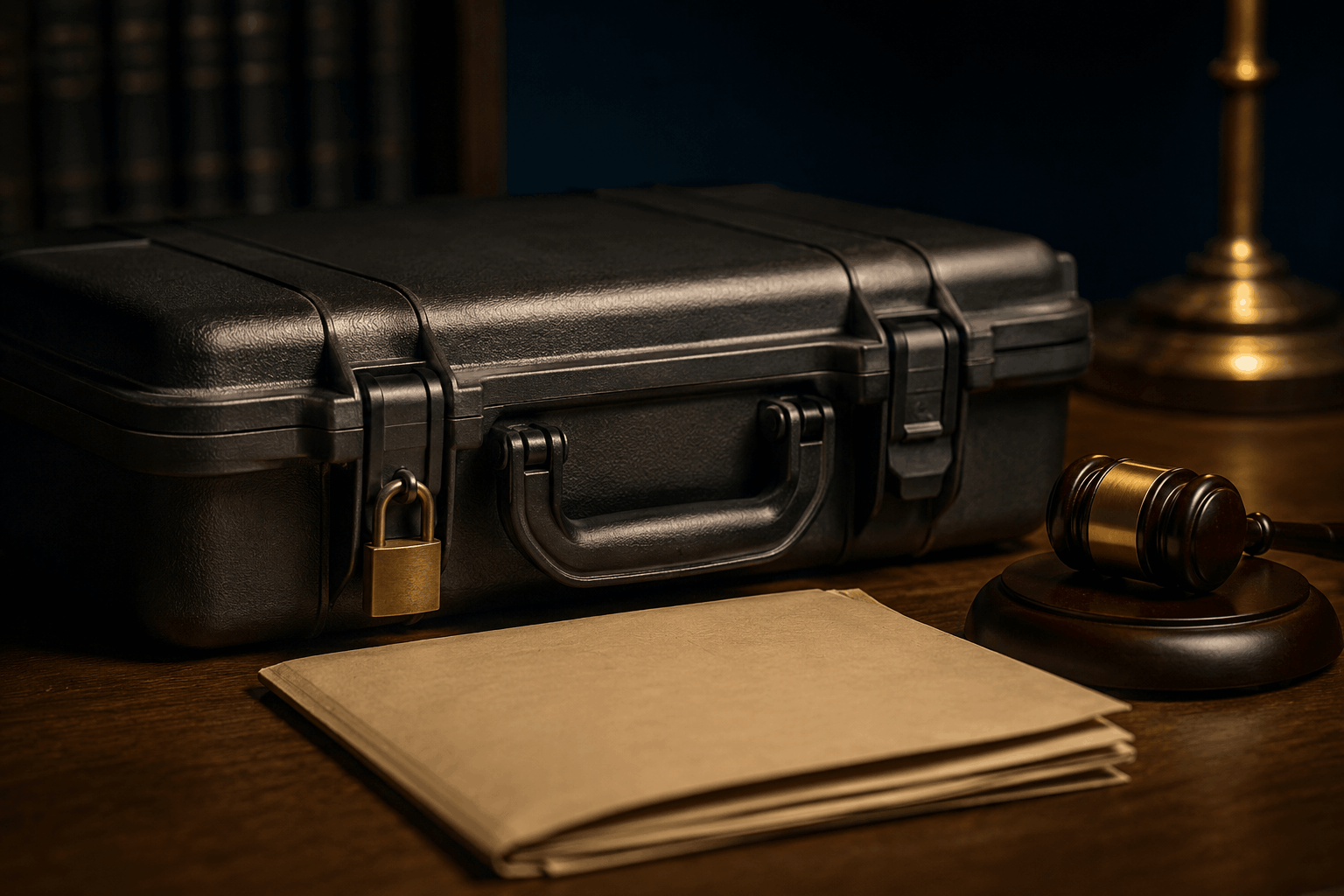 Locked firearm case, court document, and gavel representing gun rights lost after a domestic violence charge in Franklin County, Ohio.