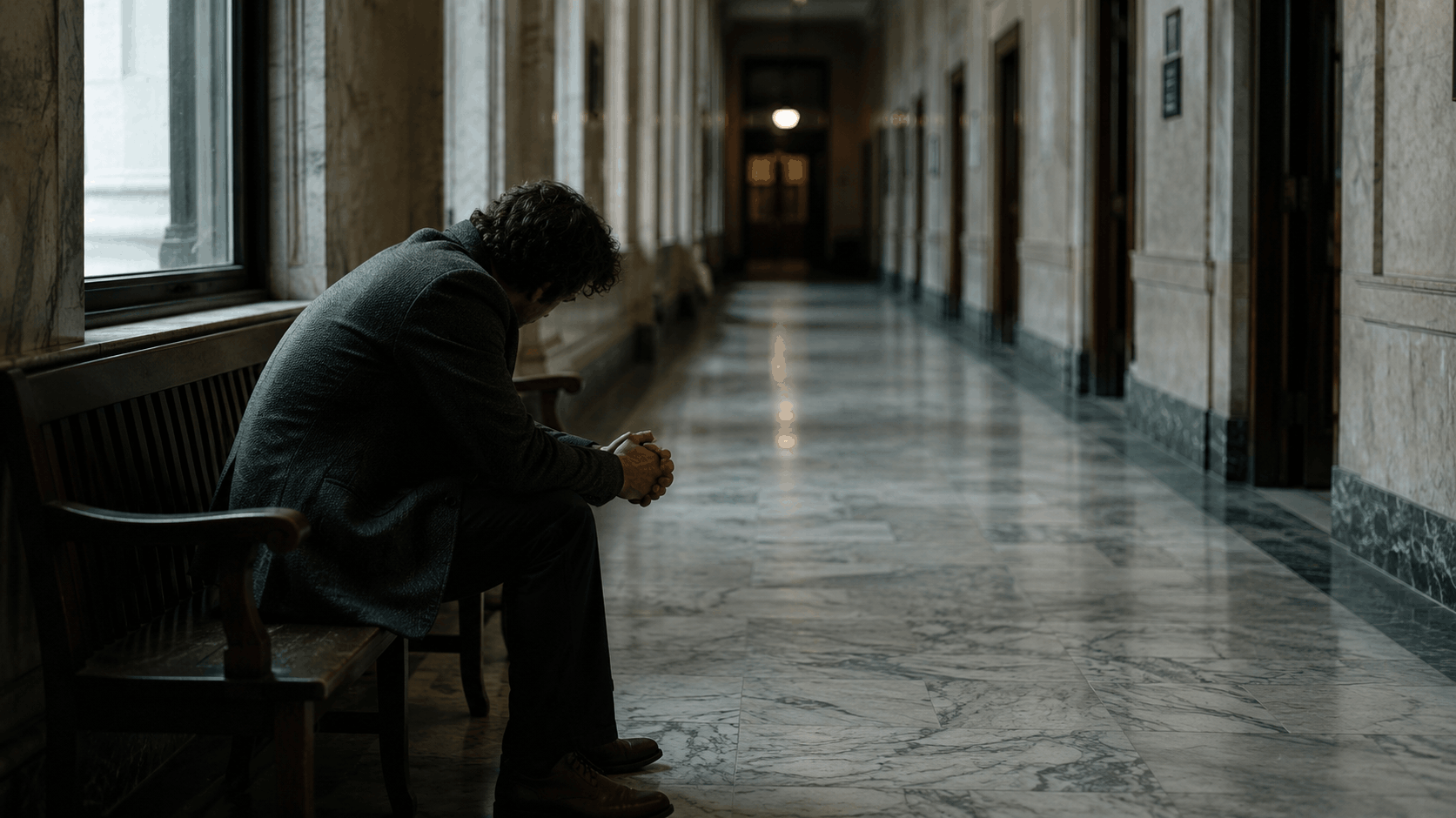 Man sitting alone in an empty courthouse hallway after being falsely accused of domestic violence in Franklin County.