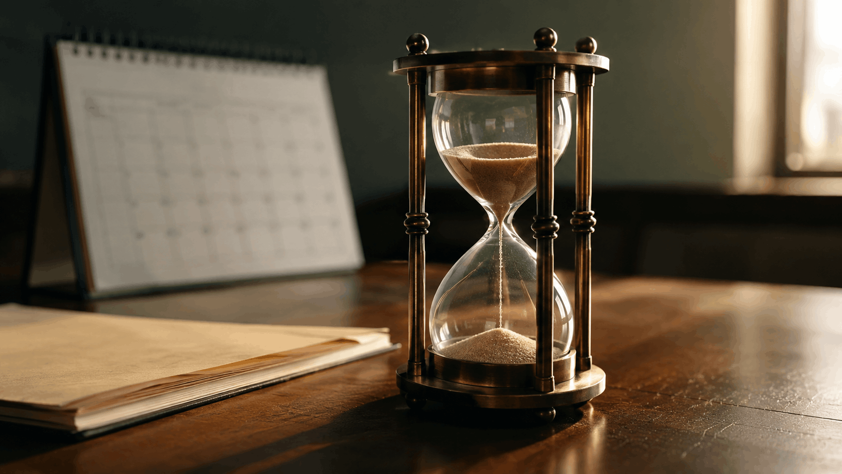 Hourglass beside a legal case file representing the statute of limitations for domestic violence charges in Ohio.
