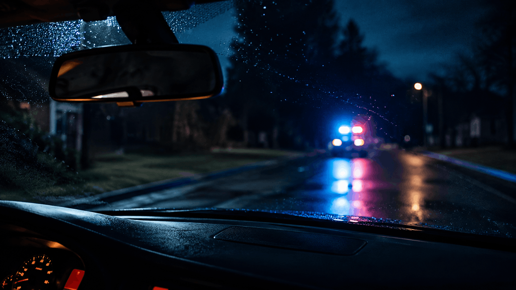 Police lights reflecting on a wet road at night during an OVI traffic stop in Ohio.