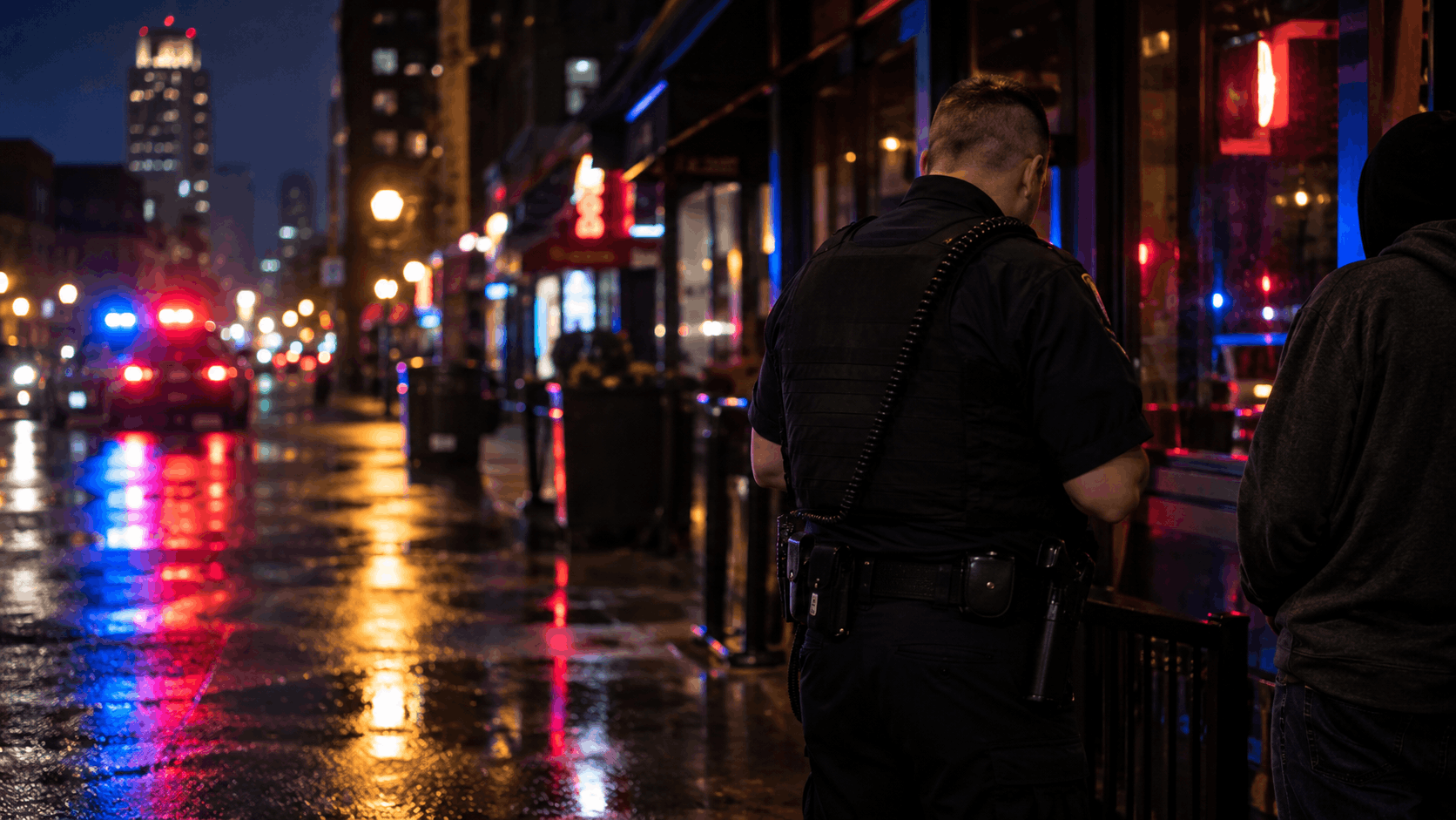 Police stop at night outside a bar in Franklin County representing a disorderly conduct charge.