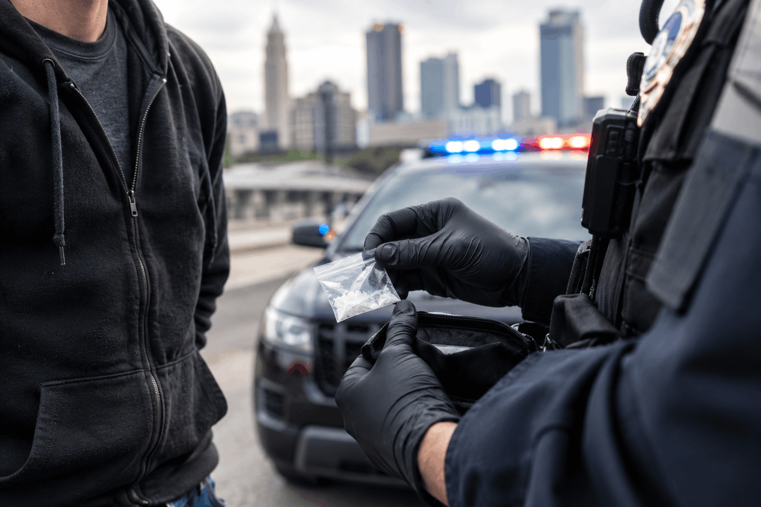 Police officer examining suspected drugs during a drug possession arrest in Franklin County.
