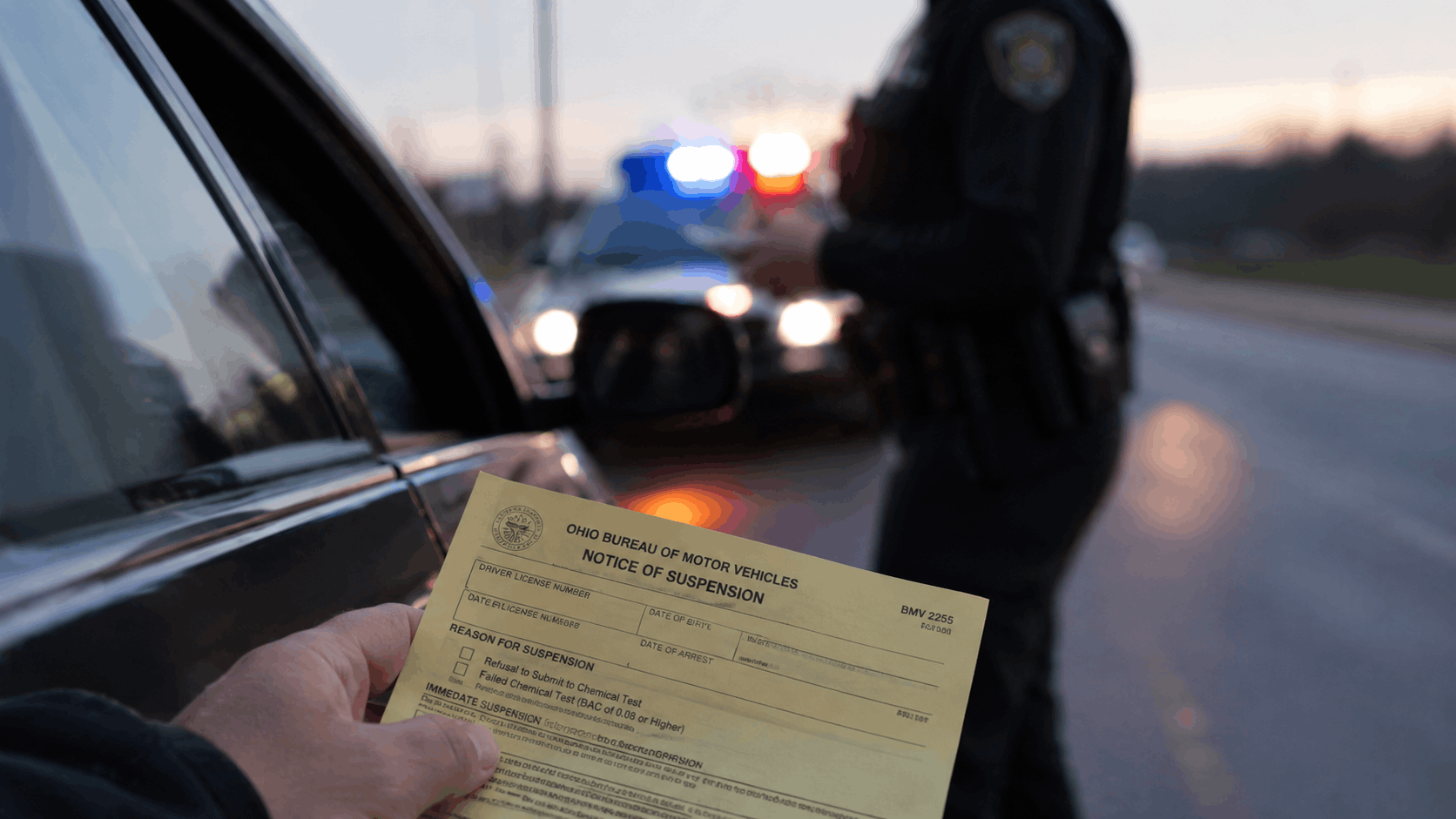 License Suspension notice and Ohio BMV Form 2255 during an OVI traffic stop in Franklin County.