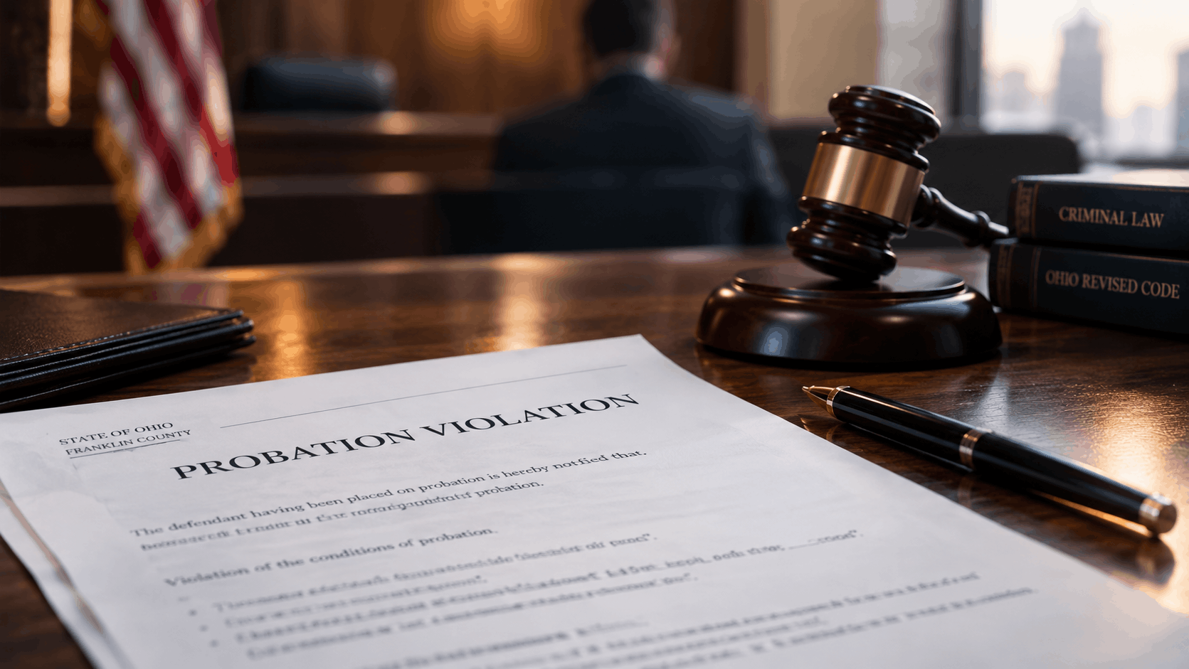 Probation violation document on a courtroom desk with a judge's gavel and legal books