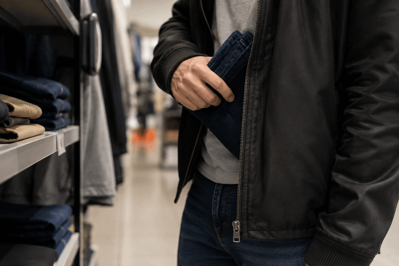 Person concealing clothing while facing shoplifting charges in a retail store.