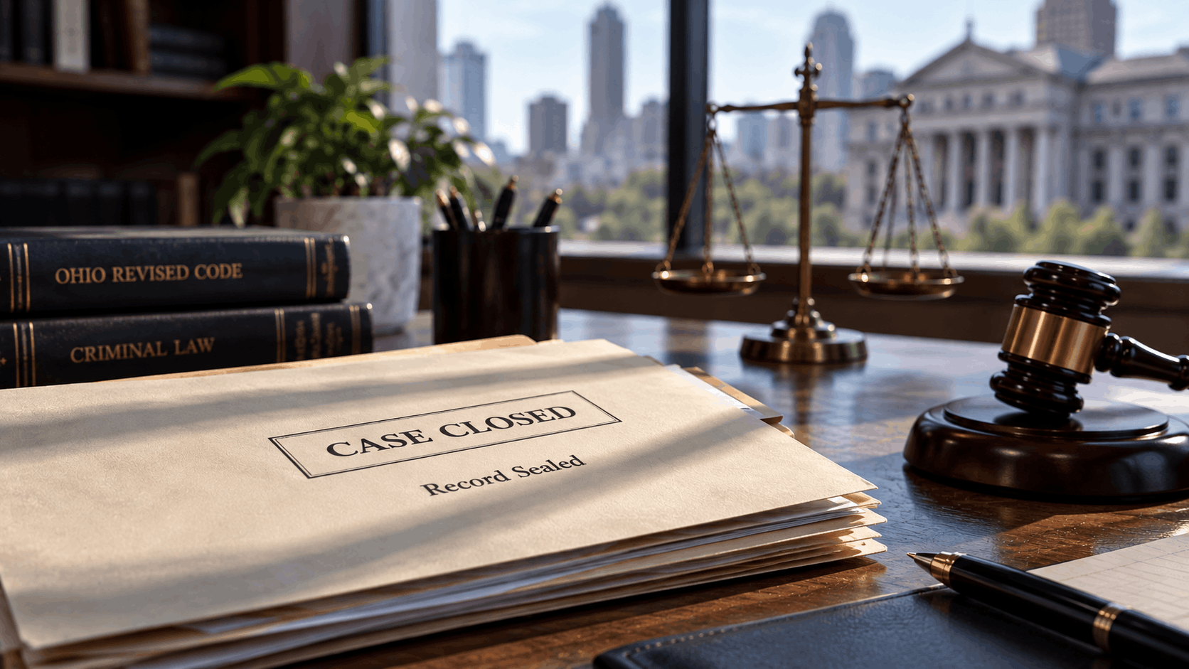 Sealed criminal case file marked Case Closed on a desk beside Ohio Revised Code books and a gavel.
