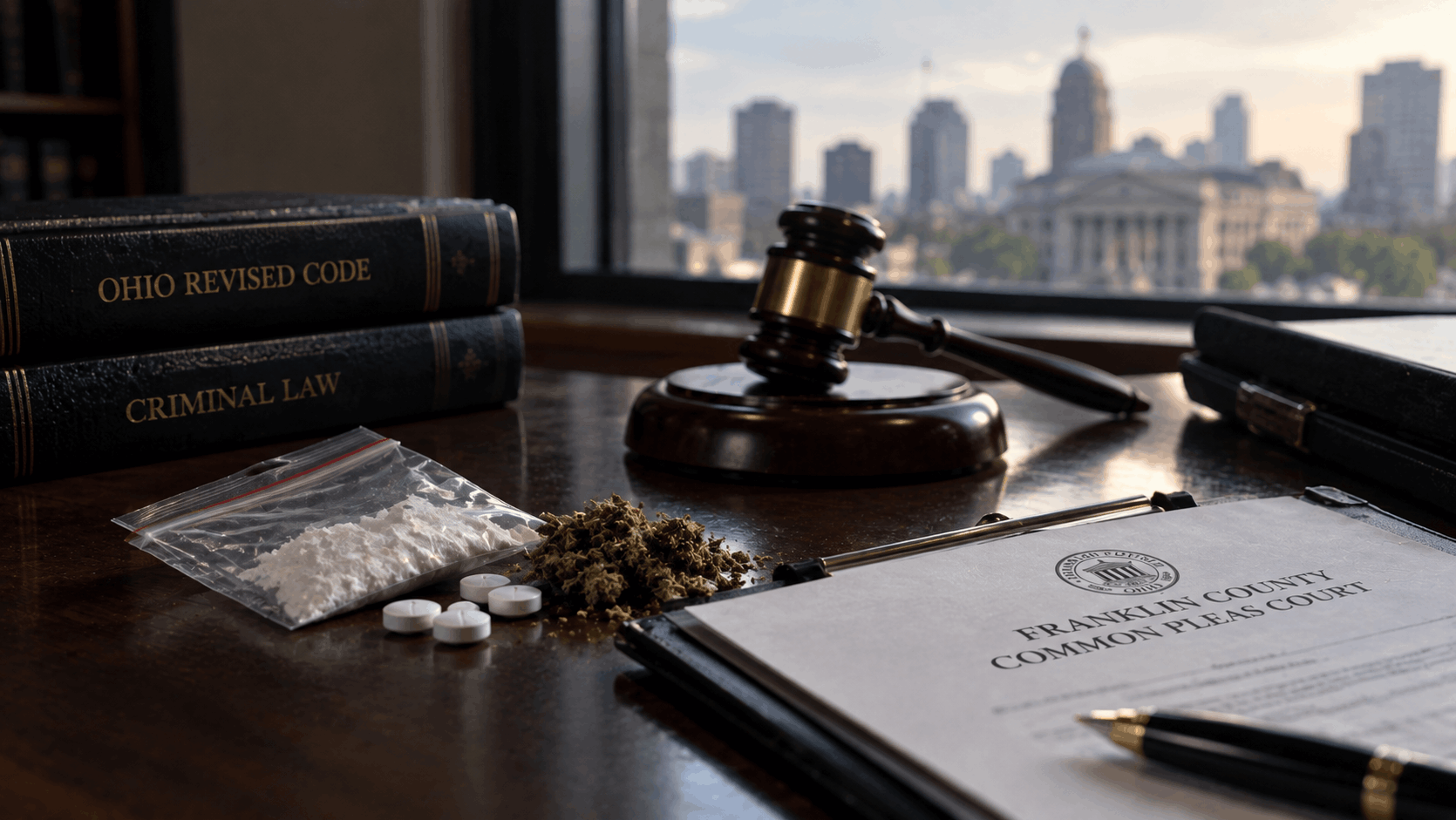 Franklin County Common Pleas Court drug case paperwork with a gavel and Ohio Revised Code books.