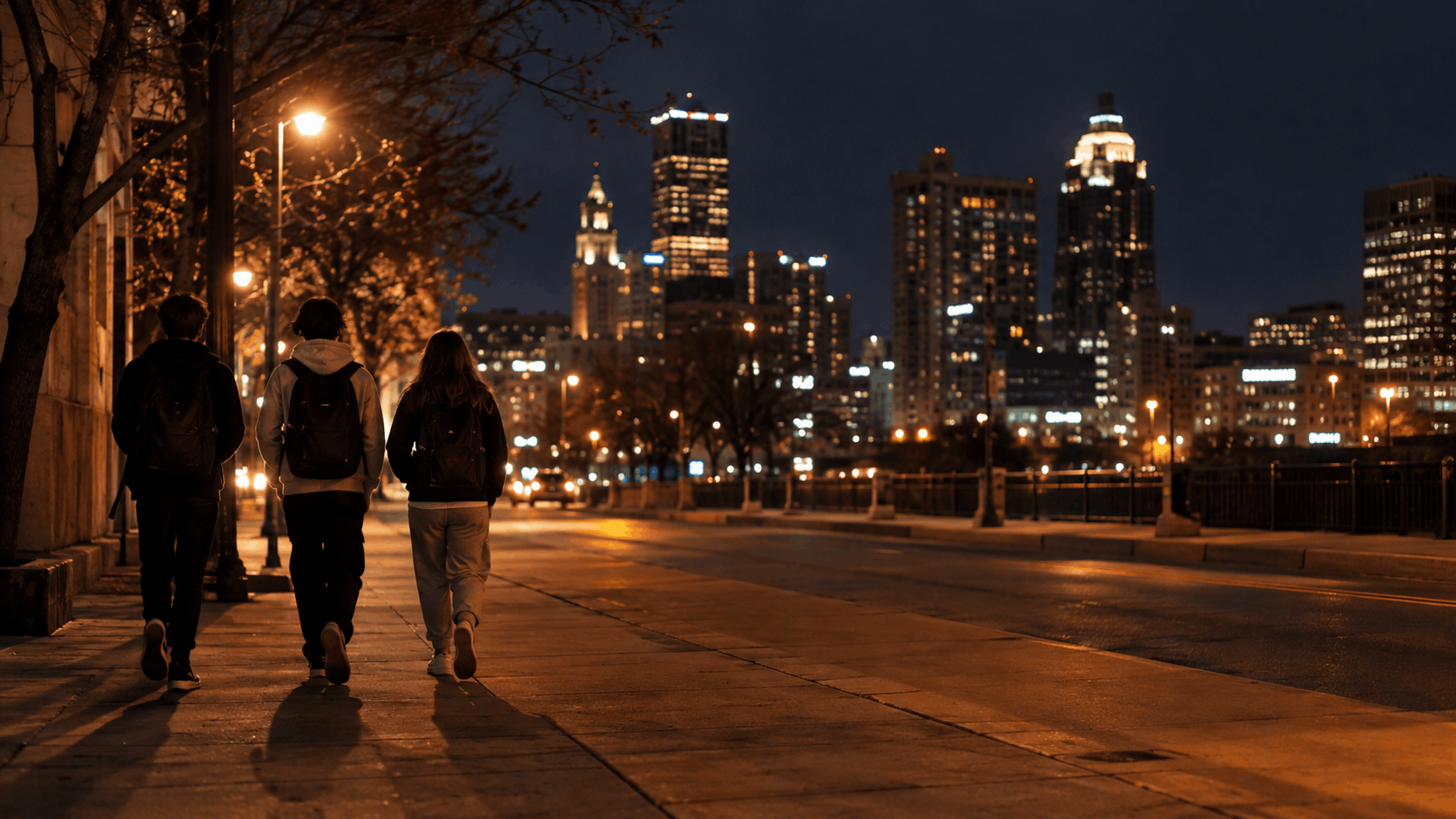 Teenagers walking downtown at night after the Columbus curfew for minors begins.