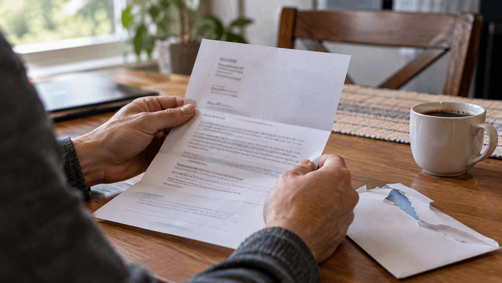 Man reading a court summons for a menacing charge in Franklin County at his kitchen table.