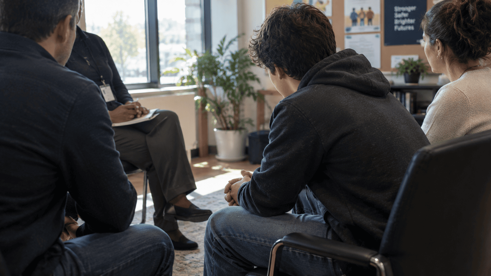 Teenager and parent meeting with community volunteers in a Franklin County juvenile diversion program circle.